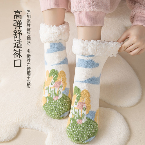 地板袜珊瑚绒袜子男女秋冬季加厚情侣暖脚袜床上睡觉用睡眠羊羔绒 - 图3