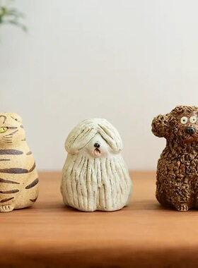 幸生窑呆萌猫狗陶土陶艺摆件