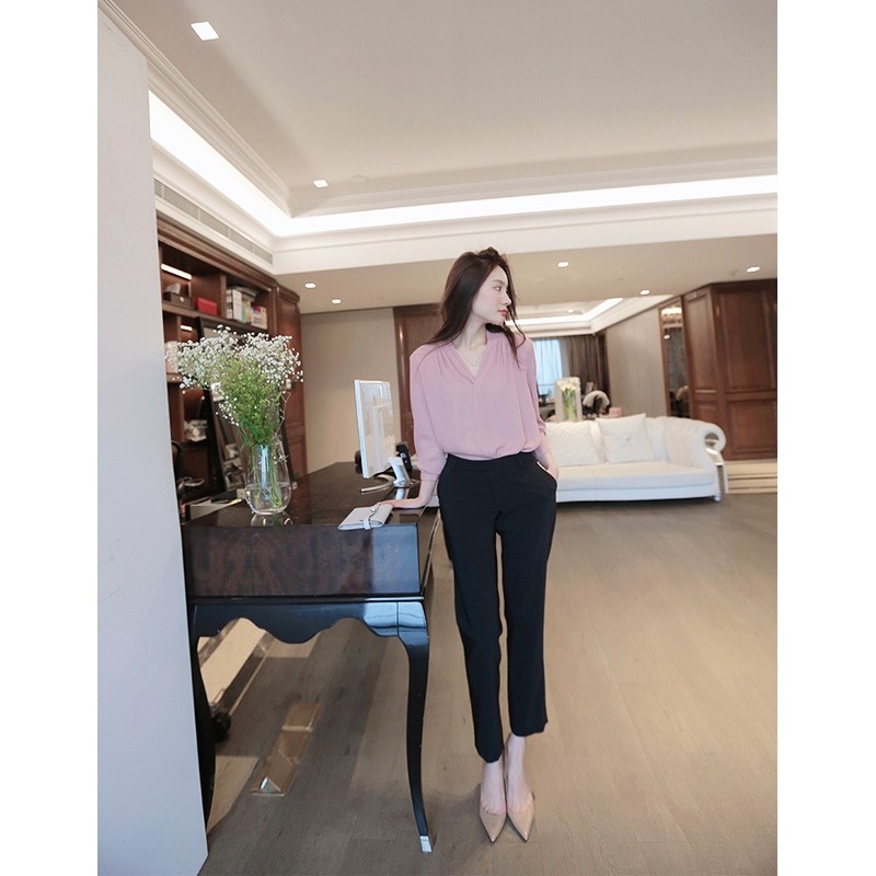 雪纺秋季v领温柔风甜美设计感衬衫 蒂曼芳衬衫