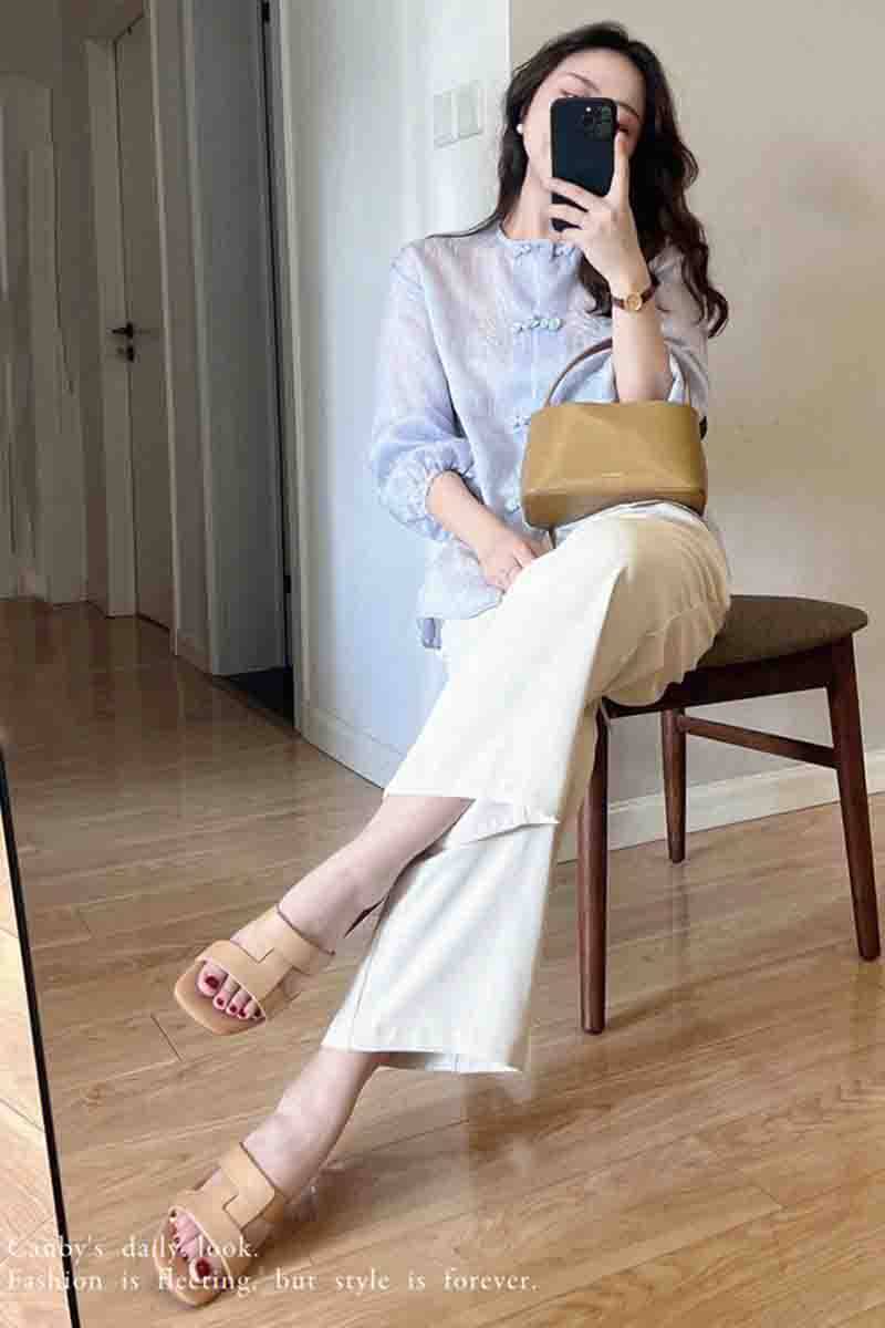 新中式复古设计感蓝色雪纺盘扣衬衫 蒂曼芳衬衫