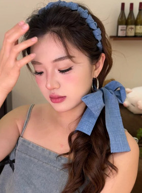 芒果牛仔飘带新款清凉感麻花纽结甜辣全扎齿梳飘带发箍百搭饰品mg