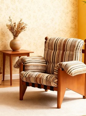 复古实木条纹手工雕刻单人沙发椅