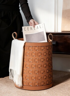 轻奢几何皮革藤编圆筒收纳摆件