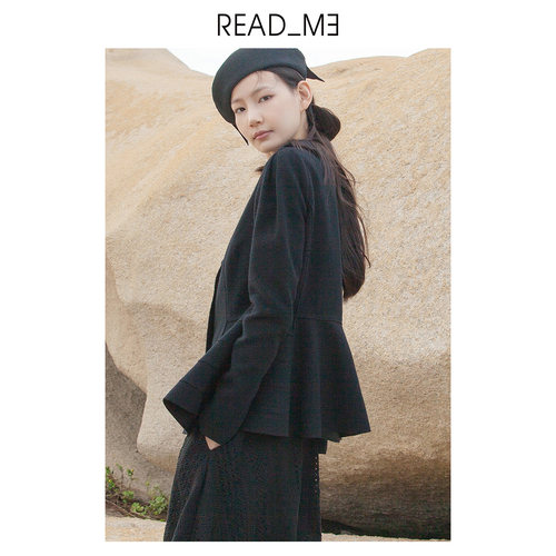 商场同款readme读我女士黑色复古裙摆短毛呢大衣60915310 - 图0