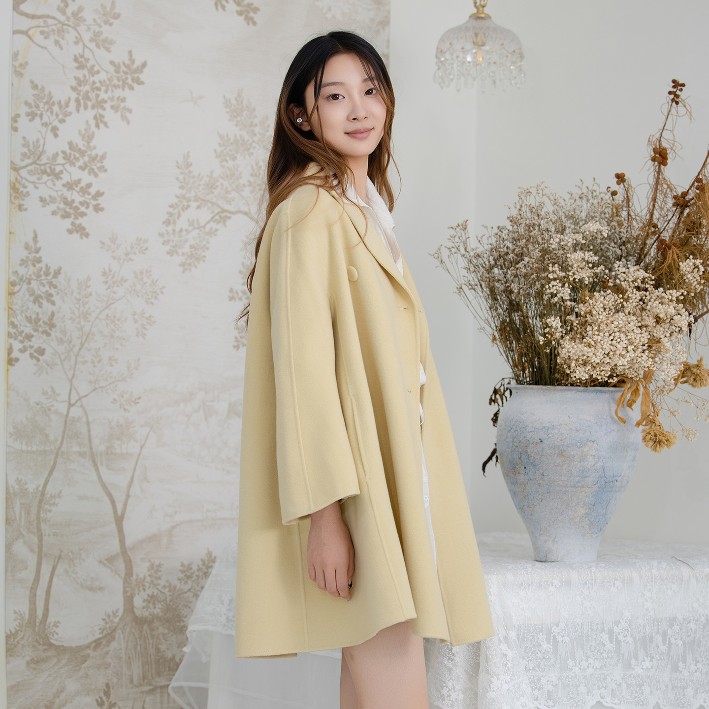 READ_ME读我经典设计感超宽叠襟双排扣A摆羊毛黄色大衣B30933507 - 图0