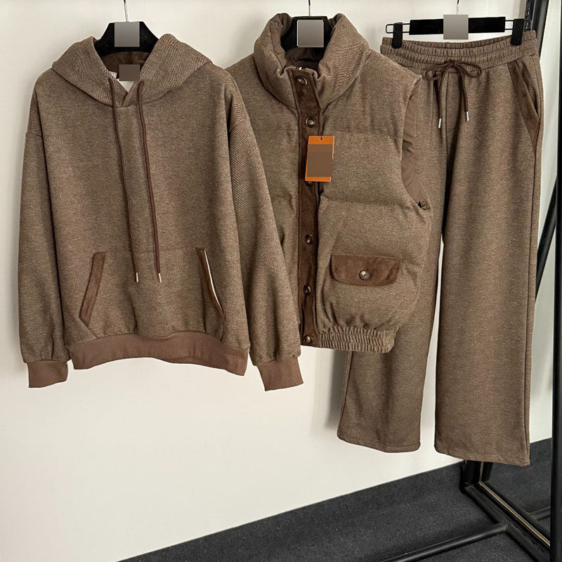 秋冬热销新款运动保暖三件套装拼色口袋马甲+连帽加绒卫衣+长裤