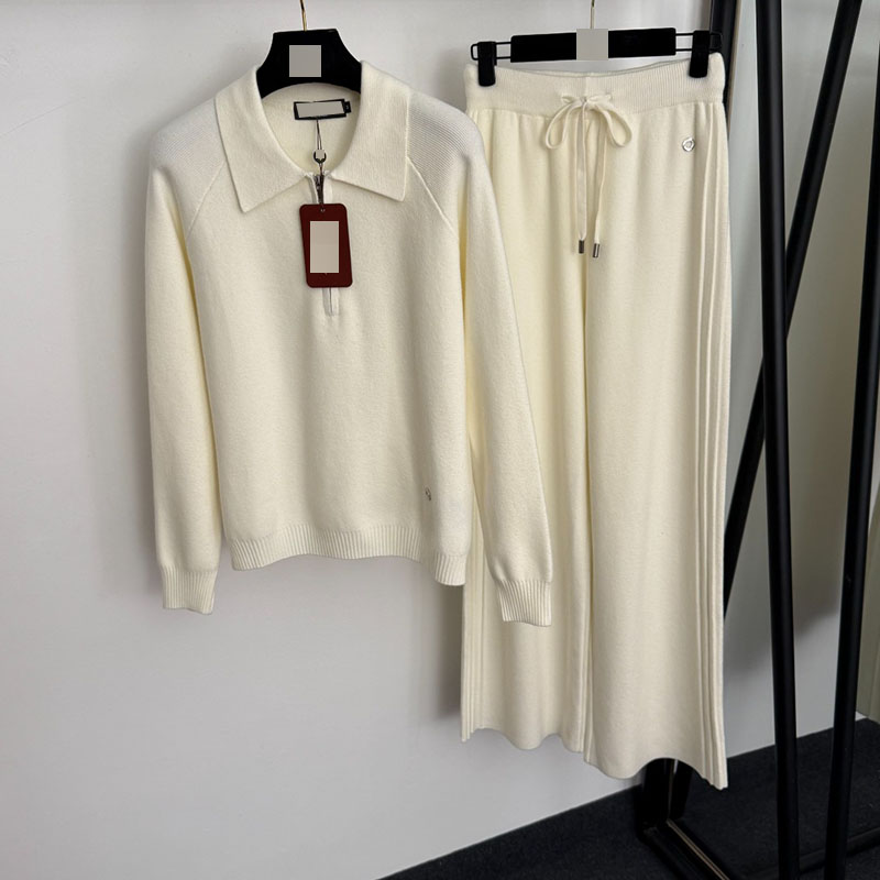 高端外贸新款针织套装 金属圈装饰半拉链翻领长袖针织衫+休闲长裤 - 图1