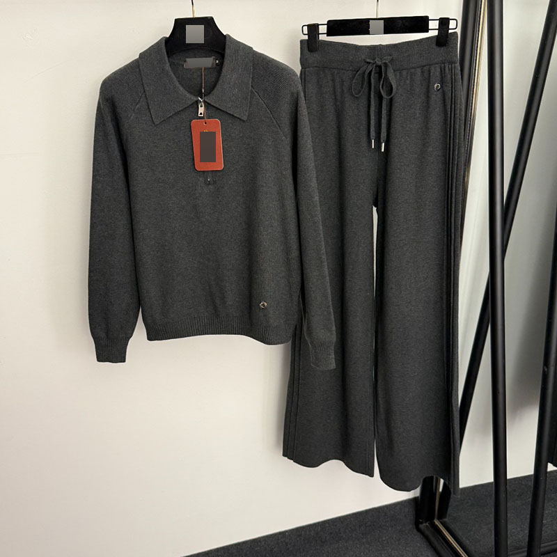 高端外贸新款针织套装 金属圈装饰半拉链翻领长袖针织衫+休闲长裤 - 图3