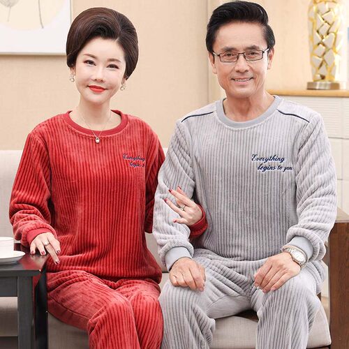 睡衣情侣秋冬款珊瑚绒爸爸加厚妈妈套头中年男女家居服法兰绒冬季 - 图2