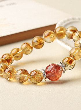 天然高品黄水晶红胶花手链多宝手串五行串珠朱珠同款圆珠单珠diy