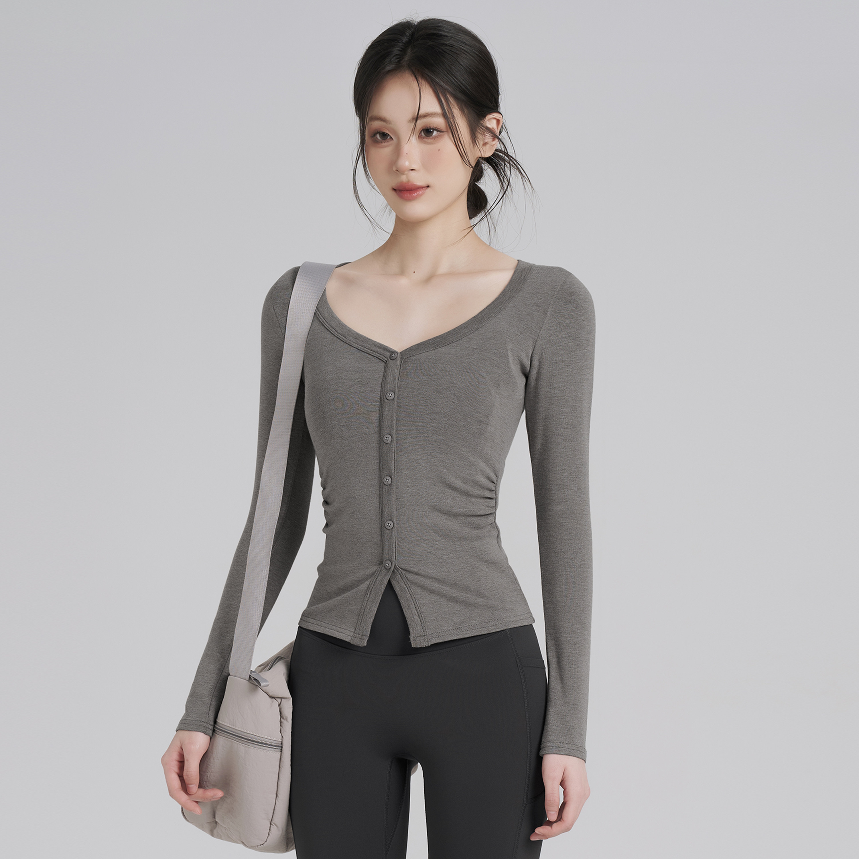 岚纹瑜伽服长袖V领纽扣开衫修身收腰显瘦瑜伽服T恤女跑步运动上衣,淘宝优惠券,粉丝福利购,淘宝优惠卷
