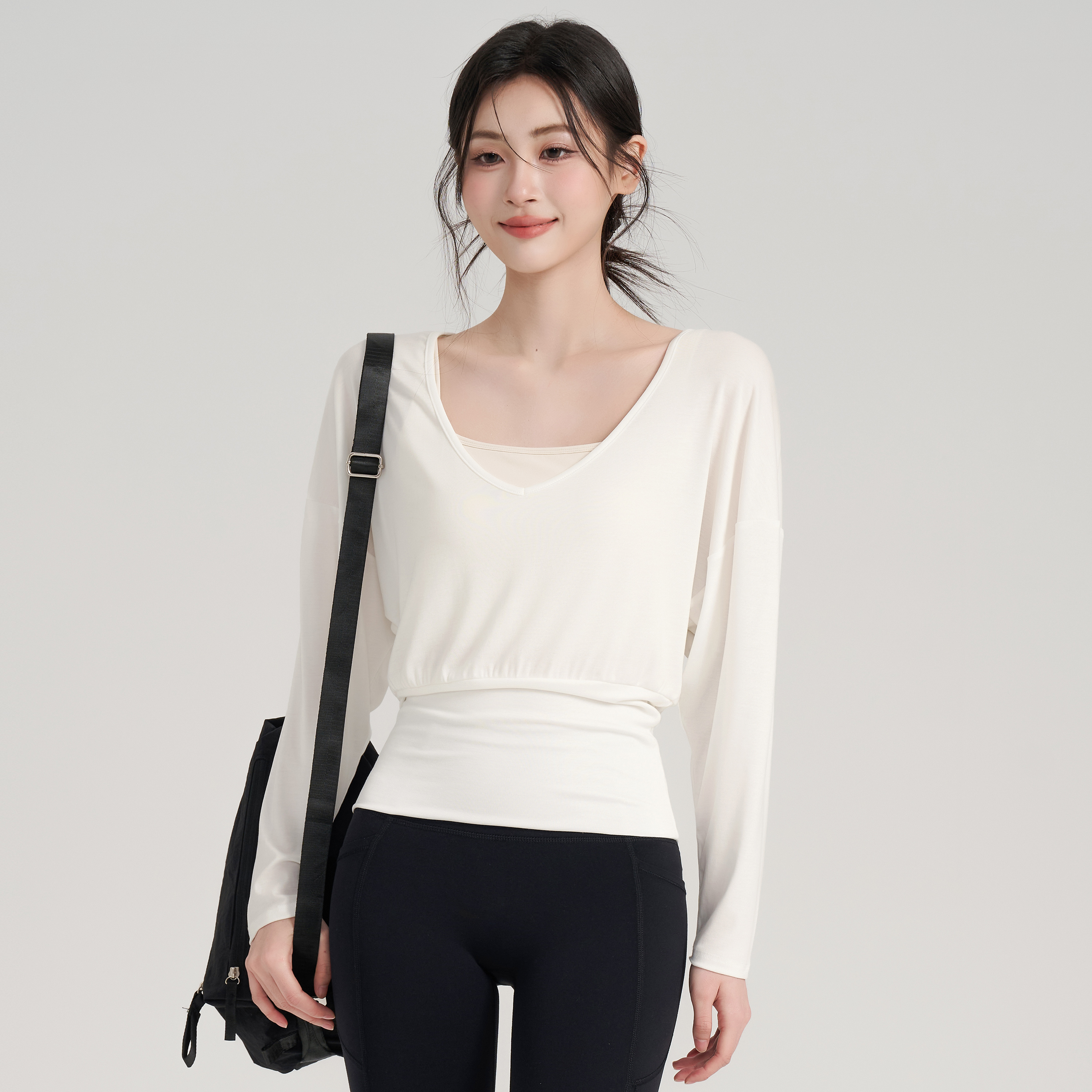 岚纹速干瑜伽服套装长袖女普拉提跑步运动上衣宽松训练健身服罩衫 - 图2