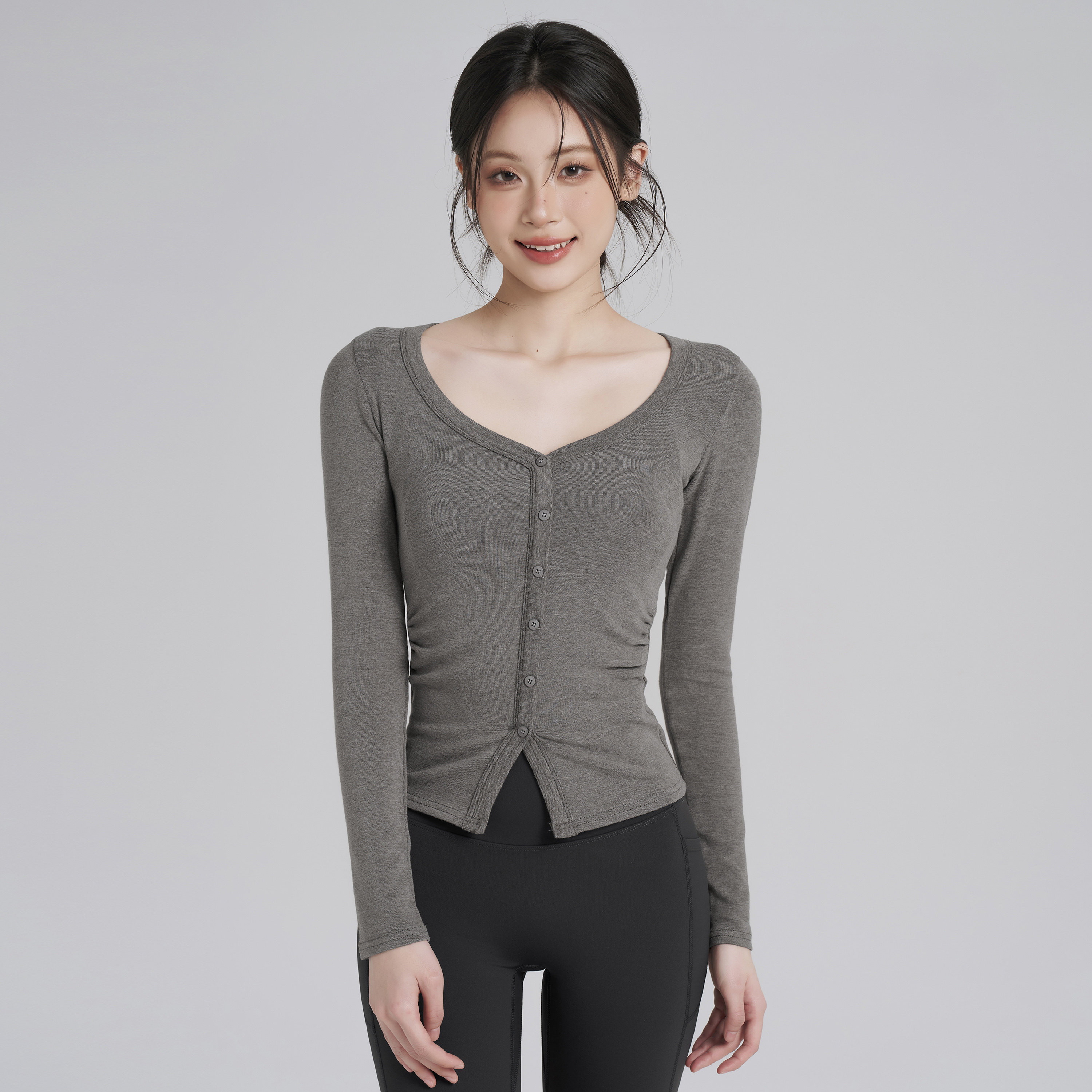 岚纹瑜伽服长袖V领纽扣开衫修身收腰显瘦瑜伽服T恤女跑步运动上衣,淘宝优惠券,粉丝福利购,淘宝优惠卷