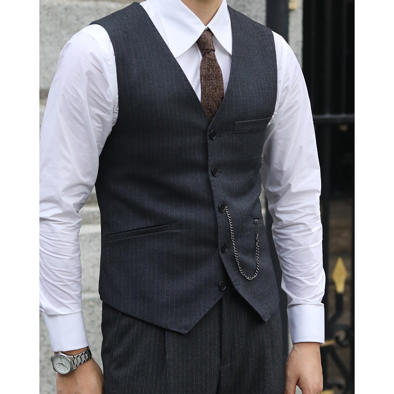 复古英伦雅痞V领羊毛人字纹 高级感商务正装修身结婚条纹西装马甲,淘宝优惠券,粉丝福利购,淘宝优惠卷