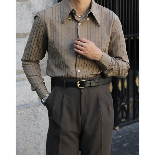 复古大尖领抗皱修身老钱风意式休闲 文艺雅痞百搭泡泡纱条纹衬衫 - 图0