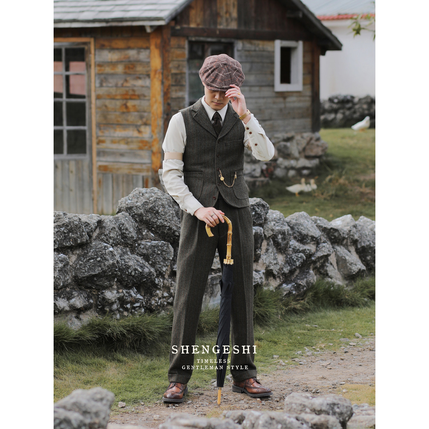 英伦复古雅痞绅士西装领修身毛呢马夹 羊毛人字纹粗花呢西装马甲,淘宝优惠券,粉丝福利购,淘宝优惠卷