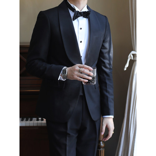 黑色青果领塔士多礼服西装 结婚新郎婚礼单排扣修身西服两件套装 - 图3