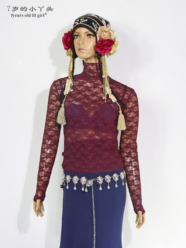 肚皮舞舞蹈服 热销2019新款韩国蕾丝高领长袖扣指上衣HCC04 - 图2