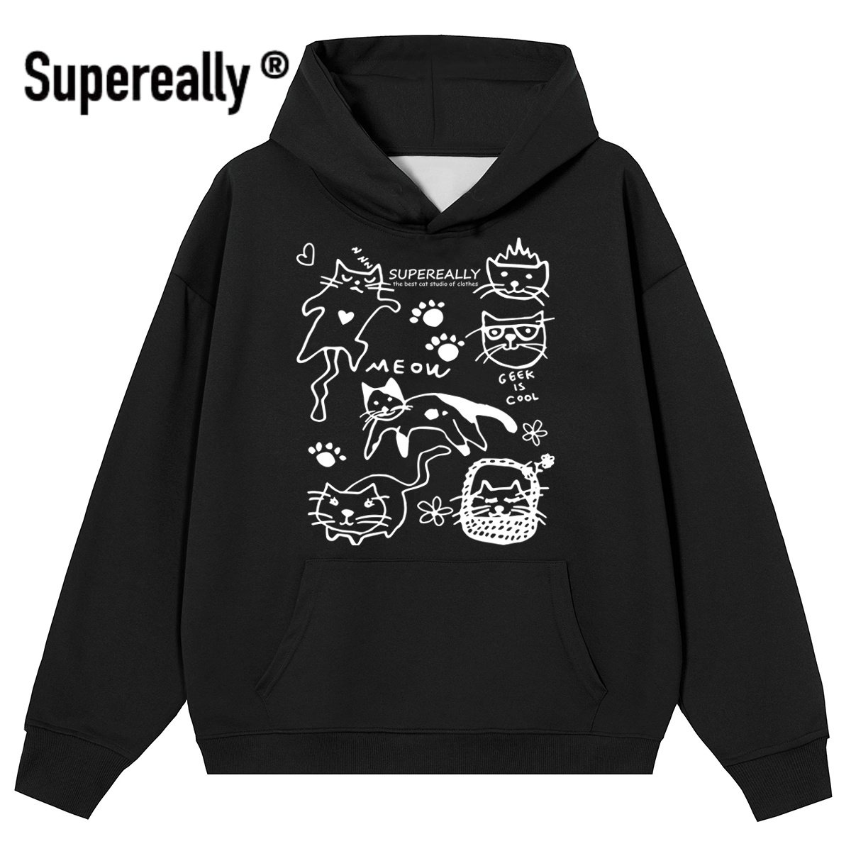 supereally  清融同款潮牌趣味小猫涂鸦宽松休闲减龄百搭连帽卫衣,淘宝优惠券,粉丝福利购,淘宝优惠卷
