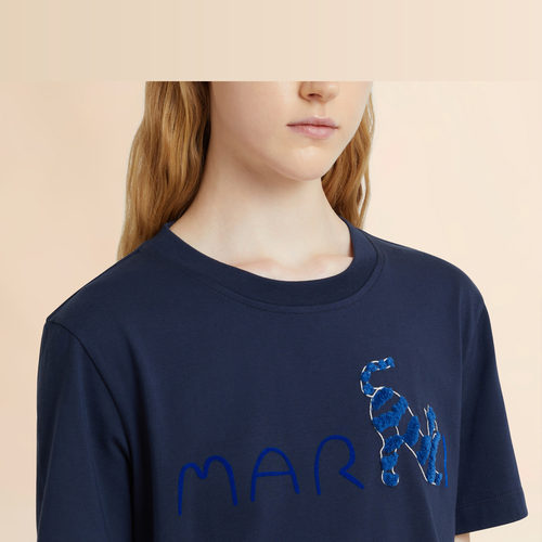 【24期免息】MARNI 2026春夏新品女士植绒猫咪图案短袖T恤 - 图3