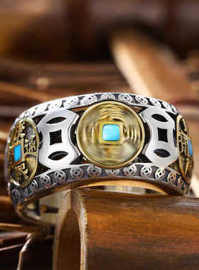 五帝钱925银戒指藏银钱币银饰男