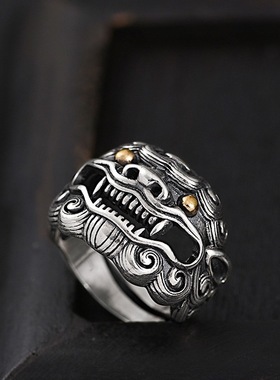 镀925银新品新款霸气素唐狮戒指