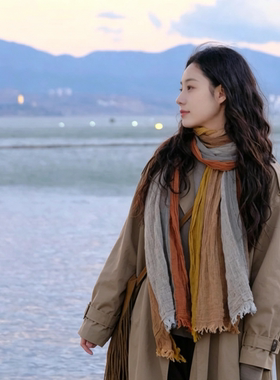 复古撞色亚麻褶皱围巾女护颈围脖