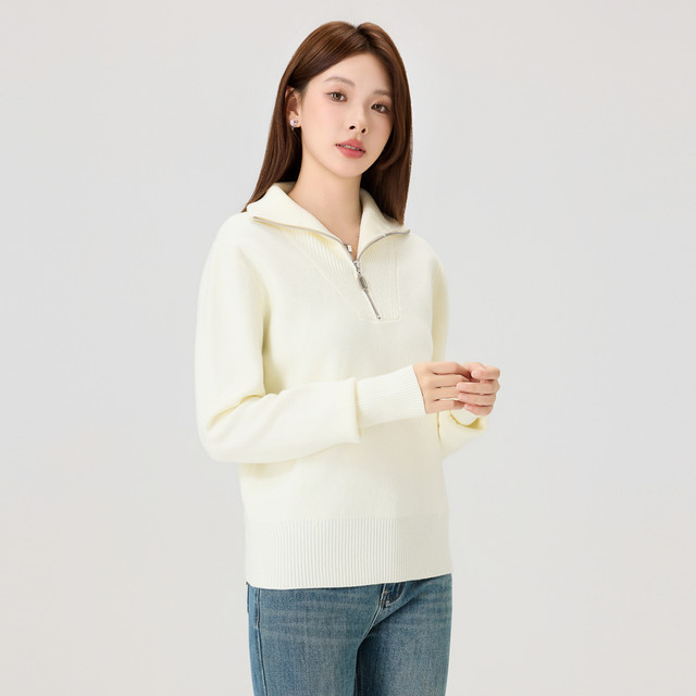 Quick Fish Zipper Half-Open Collar Sweater for Women 2025 Spring New Versatile Simple Comfort Korean Slim Sweater