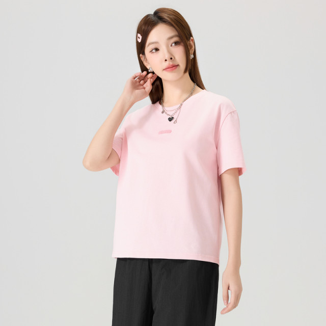 Kuaiyu simple embroidered round neck short-sleeved T-shirt for women 2025 summer loose fit small drop shoulder breathable gas shirt trend