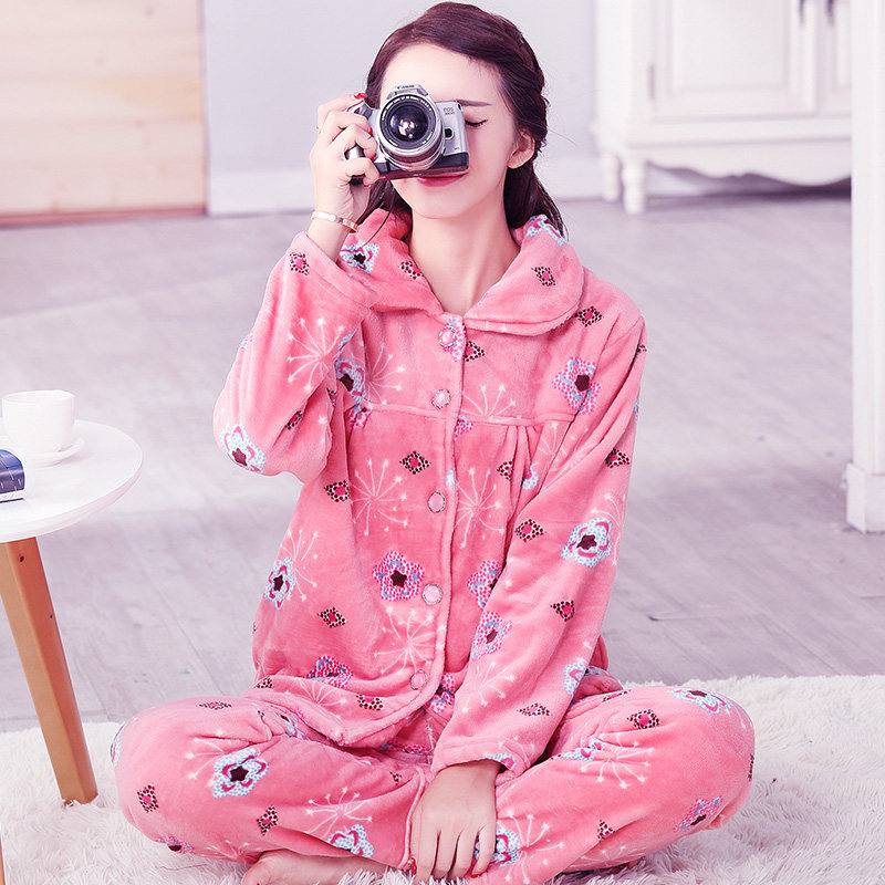 冬季韩版卡通法兰绒宽松珊瑚绒睡衣 夕水含睡衣/家居服套装