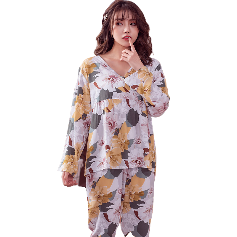 夏春秋季长袖人造棉两件套睡衣 夕水含睡衣/家居服套装