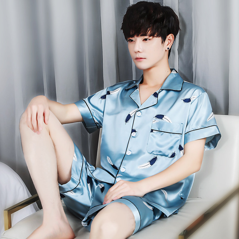 夏季冰丝短袖短裤宽松男士丝绸睡衣 夕水含睡衣/家居服套装