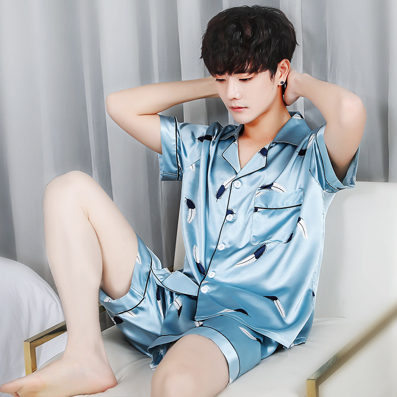 夏季冰丝短袖短裤宽松男士丝绸睡衣 夕水含睡衣/家居服套装
