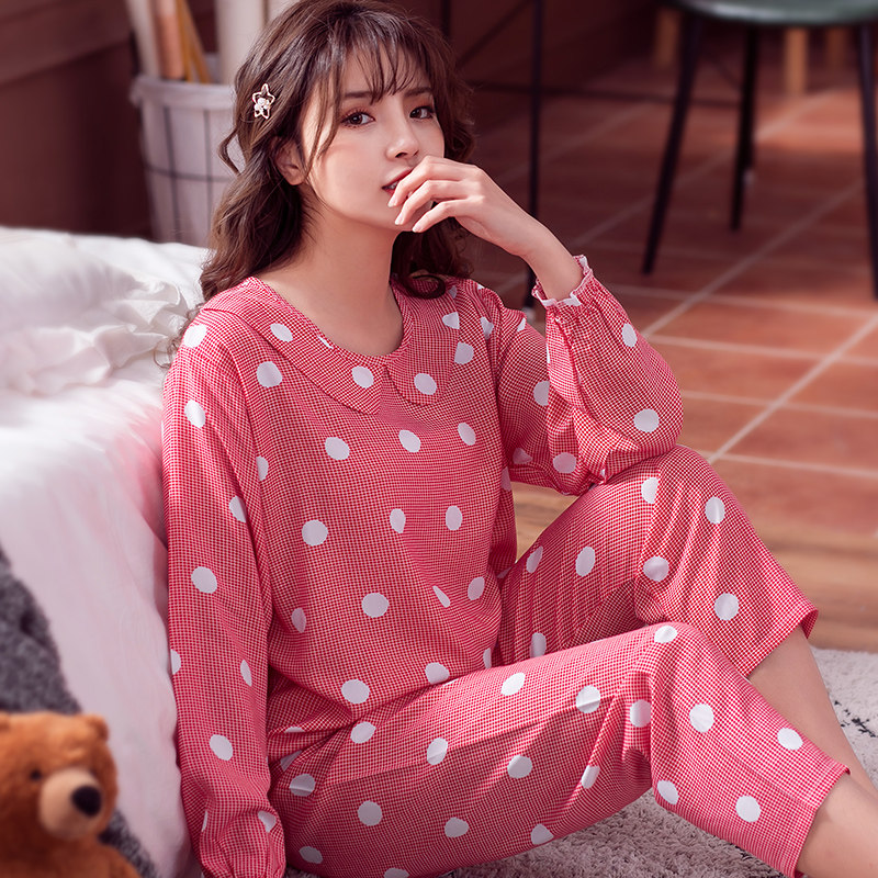 夏春秋季长袖人造棉两件套睡衣 夕水含睡衣/家居服套装