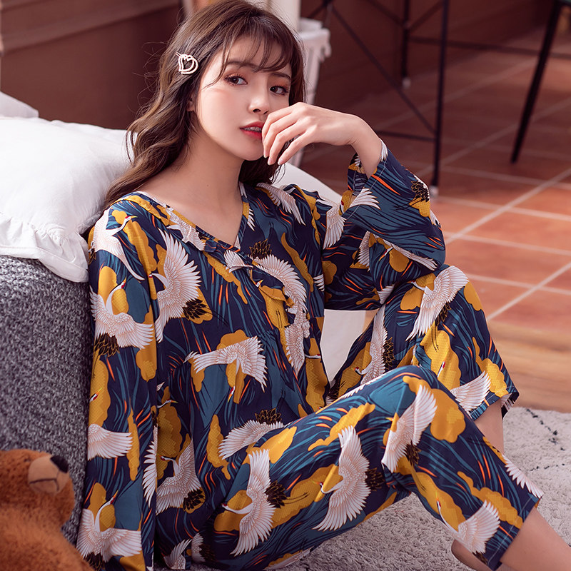 夏春秋季长袖人造棉两件套睡衣 夕水含睡衣/家居服套装