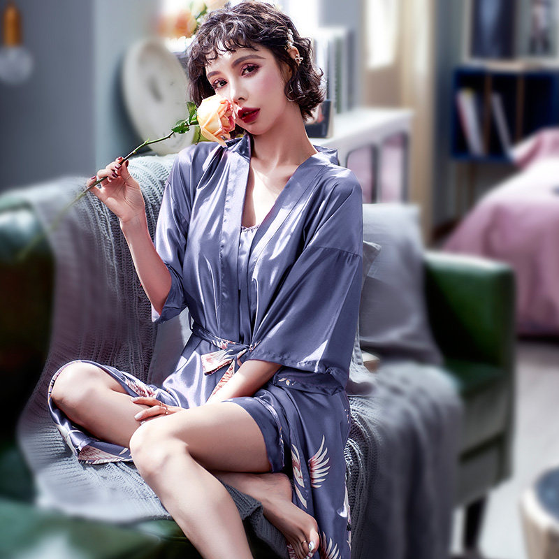 情侣款小性感中长款夏天丝绸浴袍 夕水含睡袍/浴袍