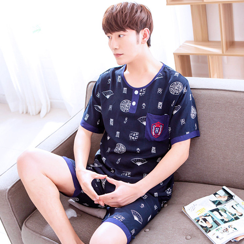 夏季短袖短裤男士绵绸人造棉装睡衣 夕水含睡衣/家居服套装