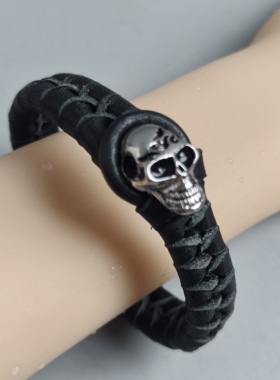 香港15/16时尚机车个性摇滚乐队风骷髅头真皮编织手环手链饰品
