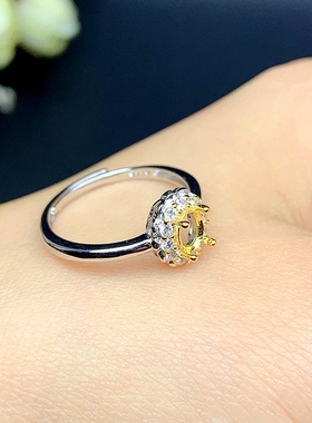 S925银镶钻珍珠叶戒指空托4*5mm