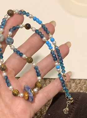 因缺斯汀【青黛】蓝撞色青金碎石串珠项链女独特小众设计锁骨链耳