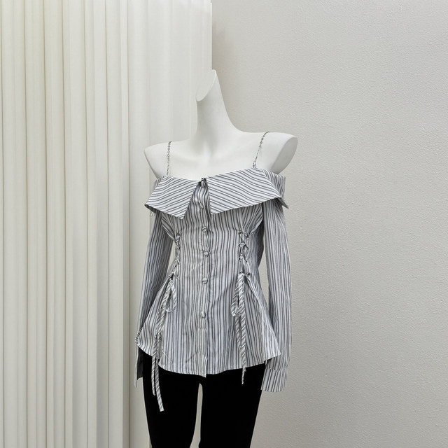 Pure lust hottie lace-up one-line collar off-shoulder striped long-sleeved shirt 2025 autumn Korean style versatile slimming top