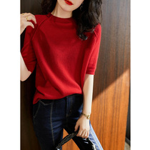 Great Lang Sweater Womens Red Ice Silk Needles Weaseling and Thinning Loose 100 Lapped Short Sleeve Blouse Temperament Fashion