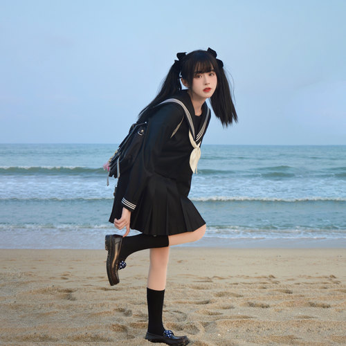猫屿jk制服基础款暗黑不良少女水手服学院风黑三本中间服套装 - 图2