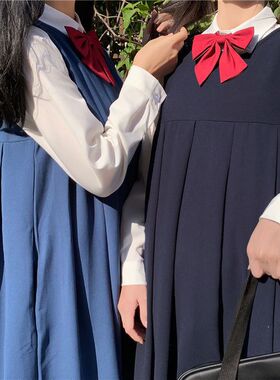女学院风蝴蝶结+制服学生JK两件套宽松春秋背带连衣裙中长款衬衫