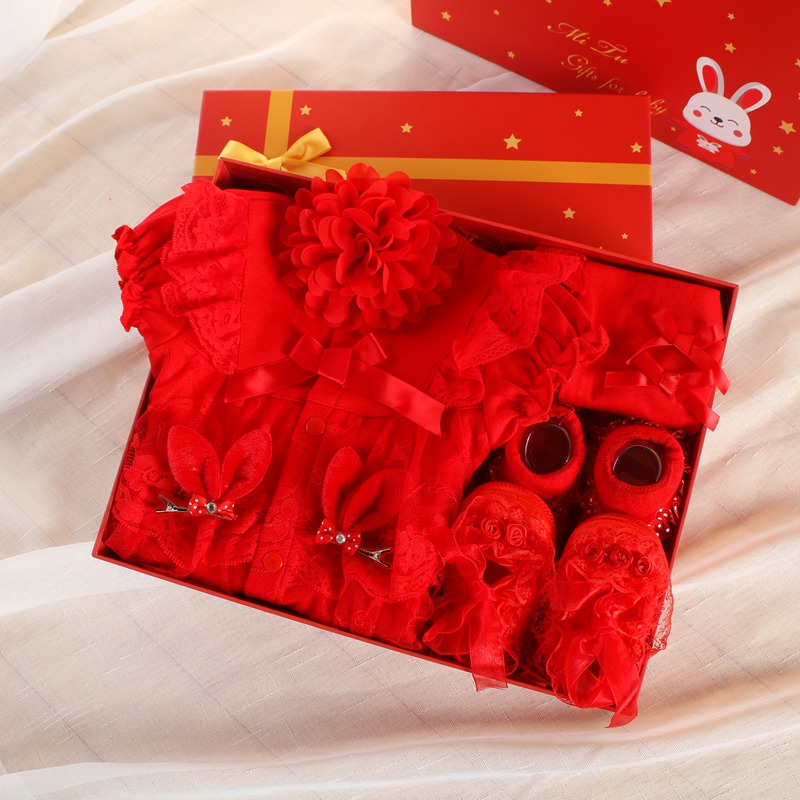 夏季婴儿衣服礼盒红色短袖哈衣套装女宝宝满月礼公主百天礼服爬服 - 图0