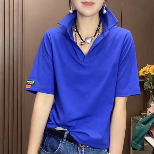 欧洲站POLO领潮流女宽松显瘦短袖T恤女夏季半袖时尚纯棉宽松上衣 - 图1