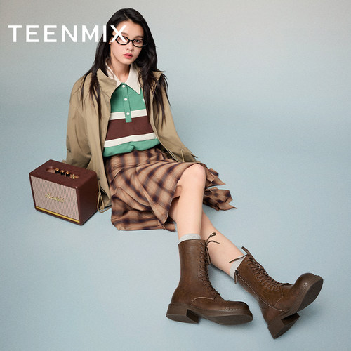 天美意复古西部靴马丁骑士靴女鞋厚底短靴皮靴冬新款KQZ02DZ4 - 图1