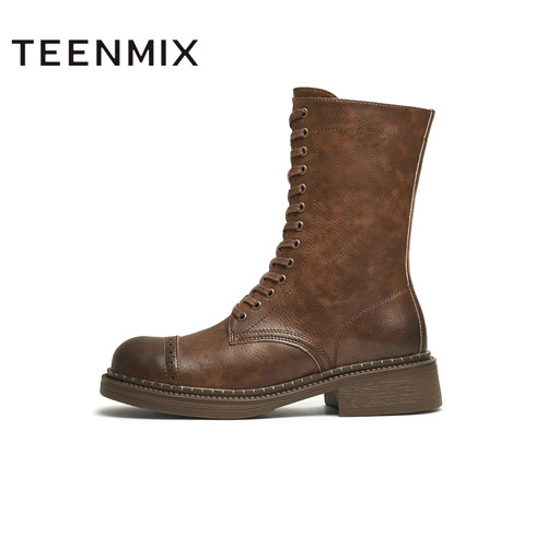 天美意复古西部靴马丁骑士靴女鞋厚底短靴皮靴冬新款KQZ02DZ4 - 图0