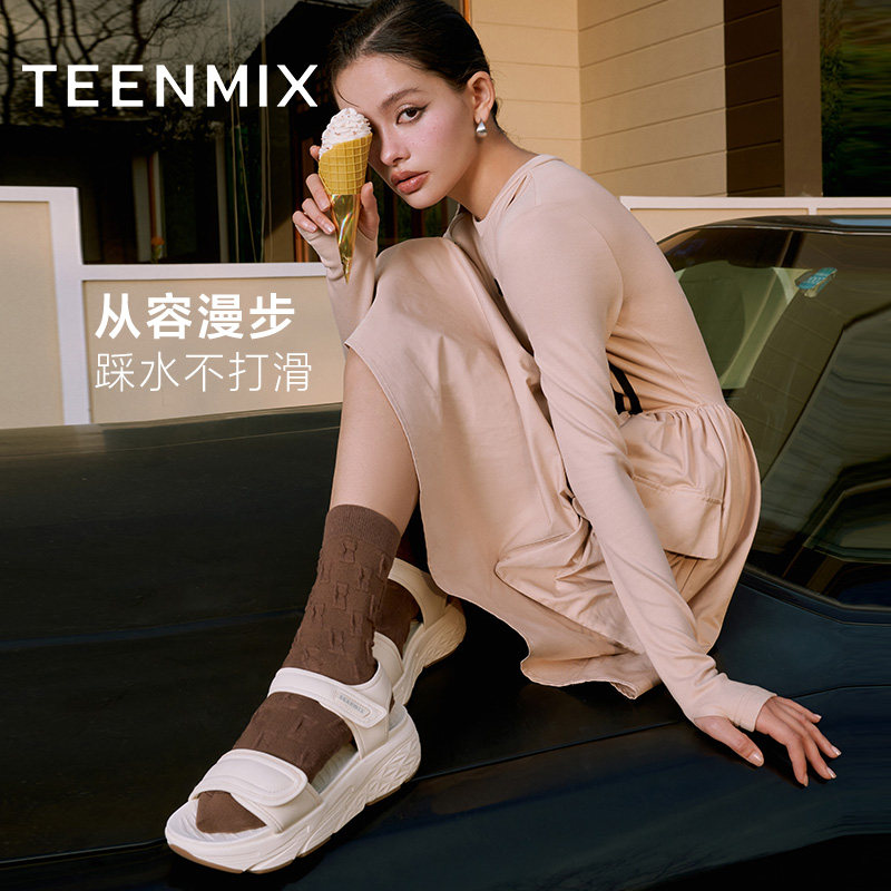 天美意魔术贴老爹运动女露趾夏凉鞋 天美意teenmix时装凉鞋