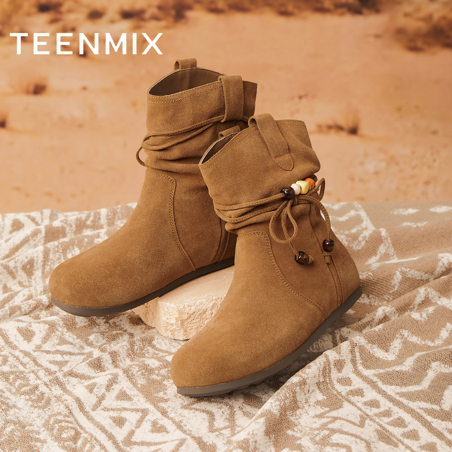 天美意内增高复古西部靴堆堆靴女鞋子休闲短靴2025冬新款KXZ18DZ5,淘宝优惠券,粉丝福利购,淘宝优惠卷